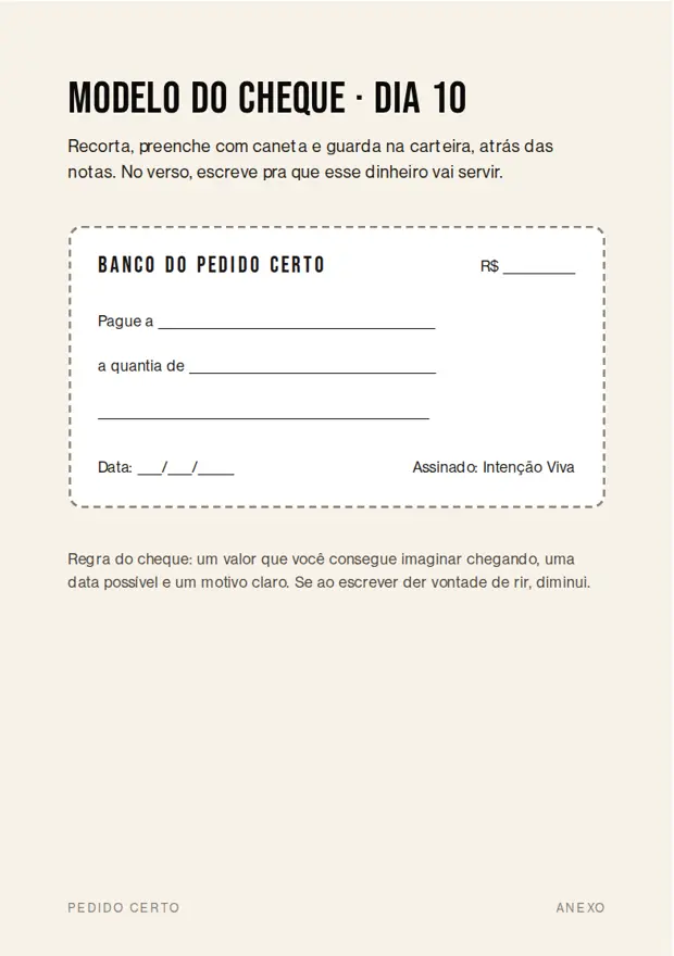Modelo do cheque do dia 10
